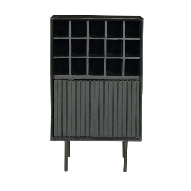 Wine Cabinet - Solid Mango Wood, Metal Frame, 15 Bottle Compartments, Drawer with Slat Pattern - Madison | Starfurn
