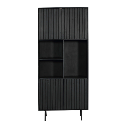 schrank - Schwarzes Mangoholz, Vertikale Lamellenfront, Schwarzes Metallgestell, 90 cm – Madison | Starfurn