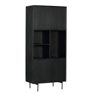 schrank - Schwarzes Mangoholz, Vertikale Lamellenfront, Schwarzes Metallgestell, 90 cm – Madison | Starfurn