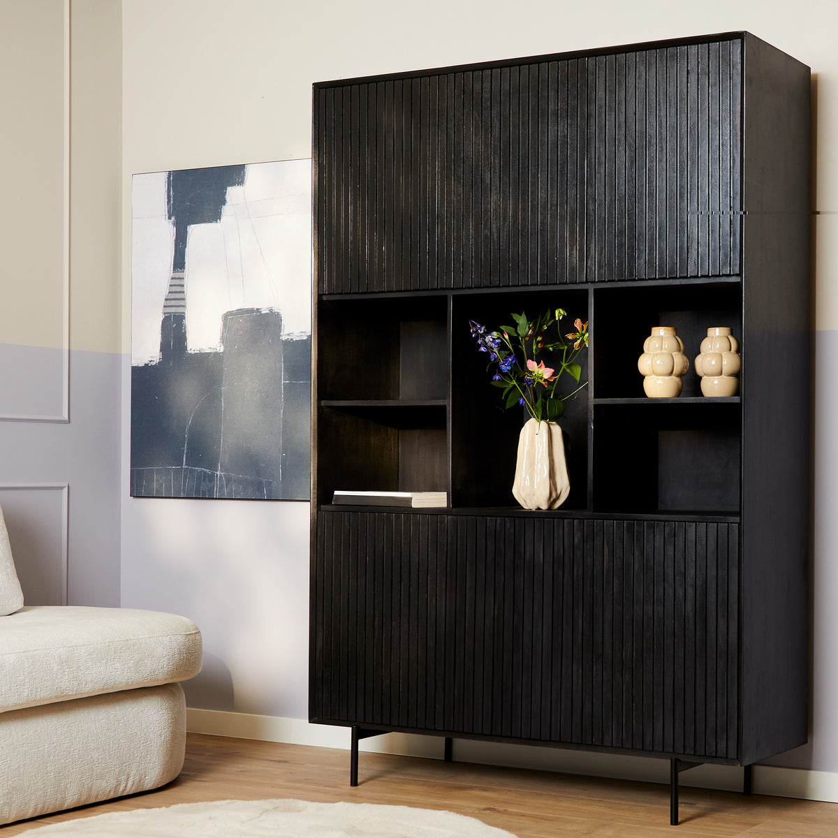 Bookcase – Mango Wood, Open Compartments, Black Finish – Madison | Starfurn