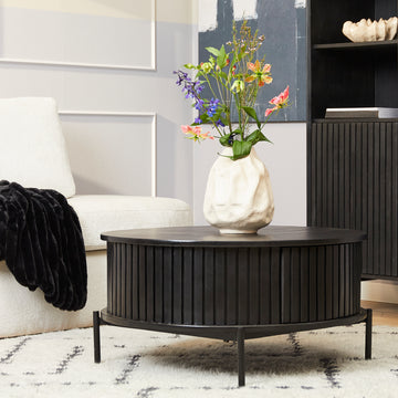 Coffee Table – Mango Wood, Black Metal, Slatted Look – Madison | Starfurn