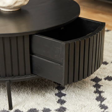 Coffee Table – Mango Wood, Black Metal, Slatted Look – Madison | Starfurn