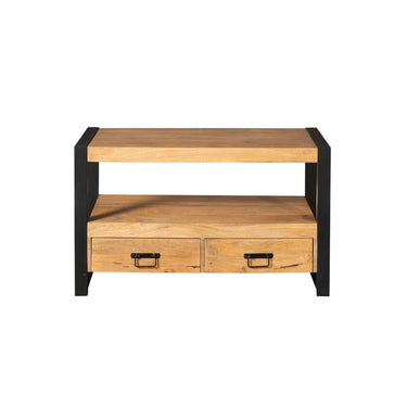 Mango wood TV lowboard with black metal frame, open compartments and lacquered metal handles – Boaz | Starfurn