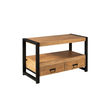 Mango wood TV lowboard with black metal frame, open compartments and lacquered metal handles – Boaz | Starfurn
