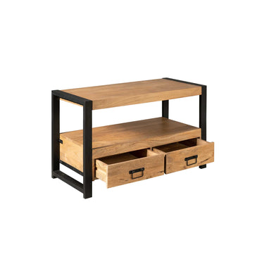 Mango wood TV lowboard with black metal frame, open compartments and lacquered metal handles – Boaz | Starfurn