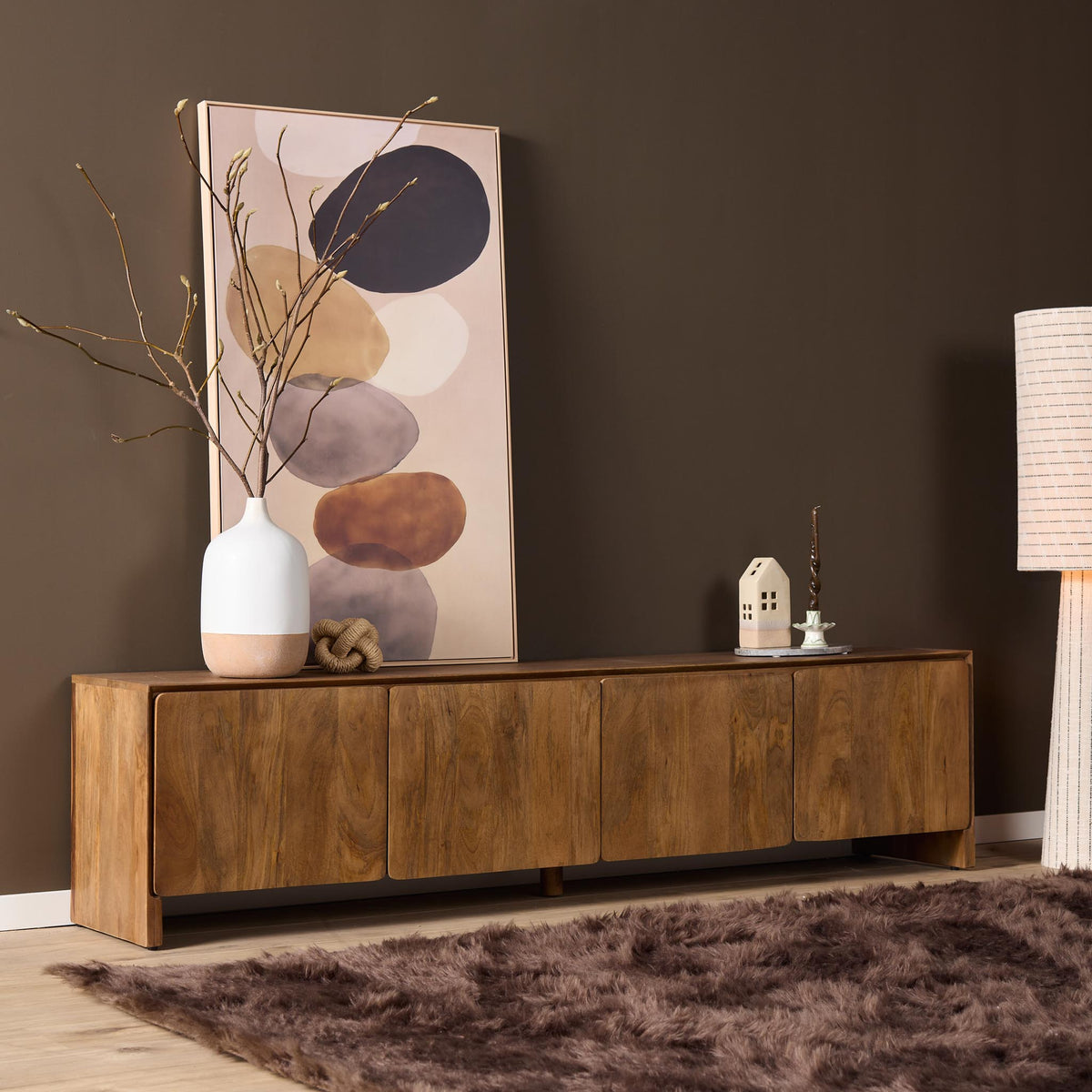 TV Cabinet – Mango Wood, Minimalist Design, Natural Warm Look, Storage with Cabinet Doors – Tense | Starfurn