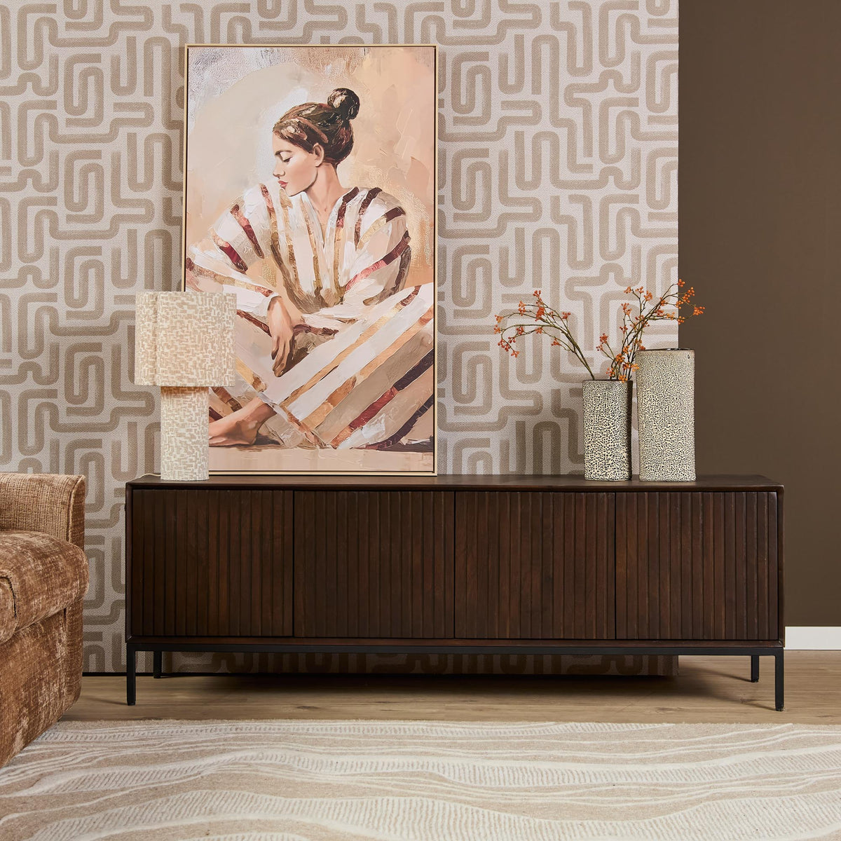 TV Unit – Mango Wood, Brown Finish, Vertical Slats, Push Open – Madison | Starfurn