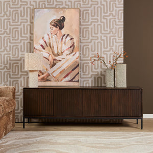 TV Unit – Mango Wood, Brown Finish, Vertical Slats, Push Open – Madison | Starfurn