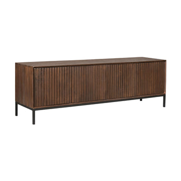 TV-Möbel - Braunes Mangoholz, Vertikale Lamellenfront, Grifflose Türen, 165 cm – Madison | Starfurn