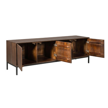 TV-Möbel - Braunes Mangoholz, Vertikale Lamellenfront, Grifflose Türen, 165 cm – Madison | Starfurn