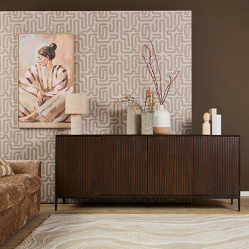 Sideboard - Braunes Mangoholz, Vertikale Lamellenfront, Schwarzes Metallgestell, 210 cm – Madison | Starfurn