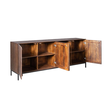Sideboard - Braunes Mangoholz, Vertikale Lamellenfront, Schwarzes Metallgestell, 210 cm – Madison | Starfurn