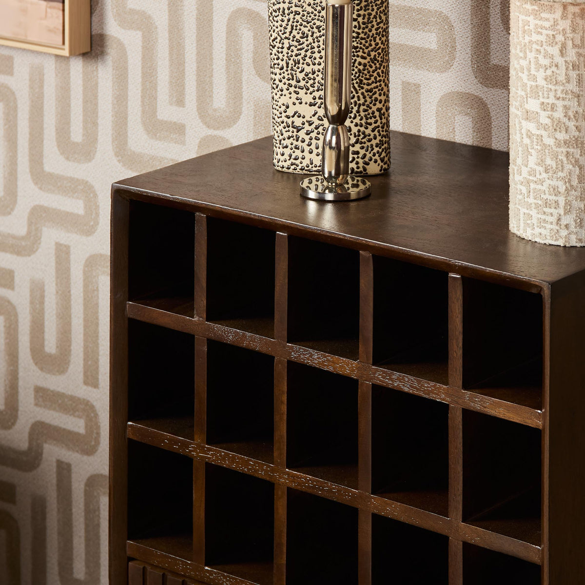 Wine Cabinet – Solid Mango Wood, Black Metal Frame, 15 Bottle Compartments – Madison | Starfurn