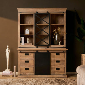 Vitrinenschrank – Mangoholz, Schwarzmetall, Naturfinish – Fresno | Starfurn