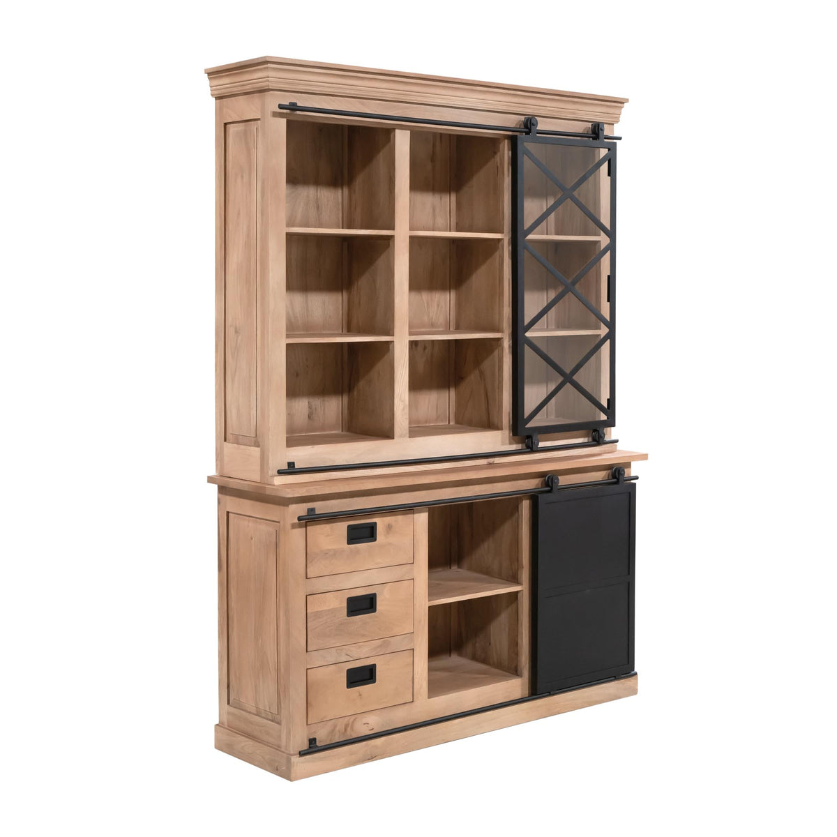 Vitrinenschrank – Mangoholz, Schwarzmetall, Naturfinish – Fresno | Starfurn