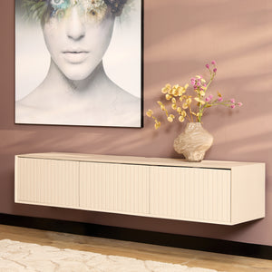 Floating TV Unit - Mango Wood, Slatted Pattern, Sand Color - Madison | Starfurn