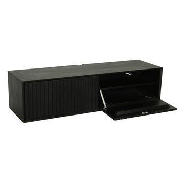Schwebendes TV-Möbel - Schwarzes Mangoholz, Vertikale Lamellenfront, Grifflose Türen, 120 cm – Madison | Starfurn