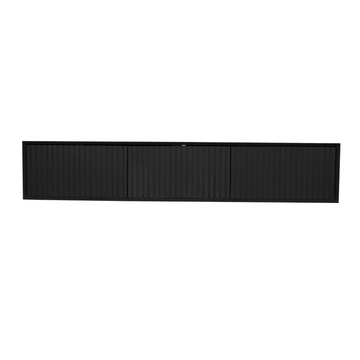 Schwebendes TV-Möbel - Schwarzes Mangoholz, Vertikale Lamellenfront, Grifflose Türen, 160 cm – Madison | Starfurn