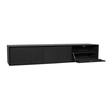 Schwebendes TV-Möbel - Schwarzes Mangoholz, Vertikale Lamellenfront, Grifflose Türen, 160 cm – Madison | Starfurn