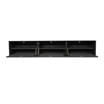 Schwebendes TV-Möbel - Schwarzes Mangoholz, Vertikale Lamellenfront, Grifflose Türen, 160 cm – Madison | Starfurn