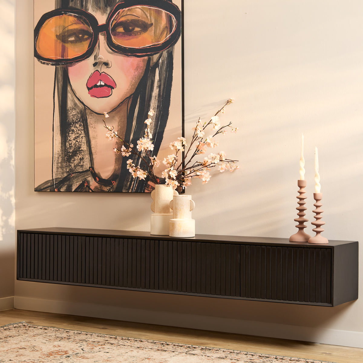 TV Unit – Mango Wood, Black Finish, Vertical Slat Door Design – Madison | Starfurn