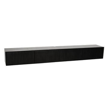 Schwebendes TV-Möbel - Schwarzes Mangoholz, Vertikale Lamellenfront, Grifflose Türen, 240 cm – Madison | Starfurn