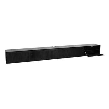 Schwebendes TV-Möbel - Schwarzes Mangoholz, Vertikale Lamellenfront, Grifflose Türen, 280 cm – Madison | Starfurn