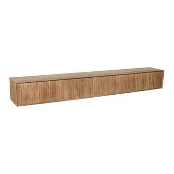 Schwebendes TV-Möbel - Naturfarbenes Mangoholz, Vertikale Lamellenfront, Grifflose Türen, 280 cm – Madison | Starfurn