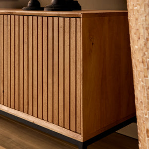TV unit – mango wood, slatted front, natural finish – Madison | Starfurn