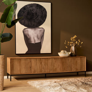 TV-Möbel - Naturfarbenes Mangoholz, Vertikale Lamellenfront, Grifflose Türen, 210 cm – Madison | Starfurn