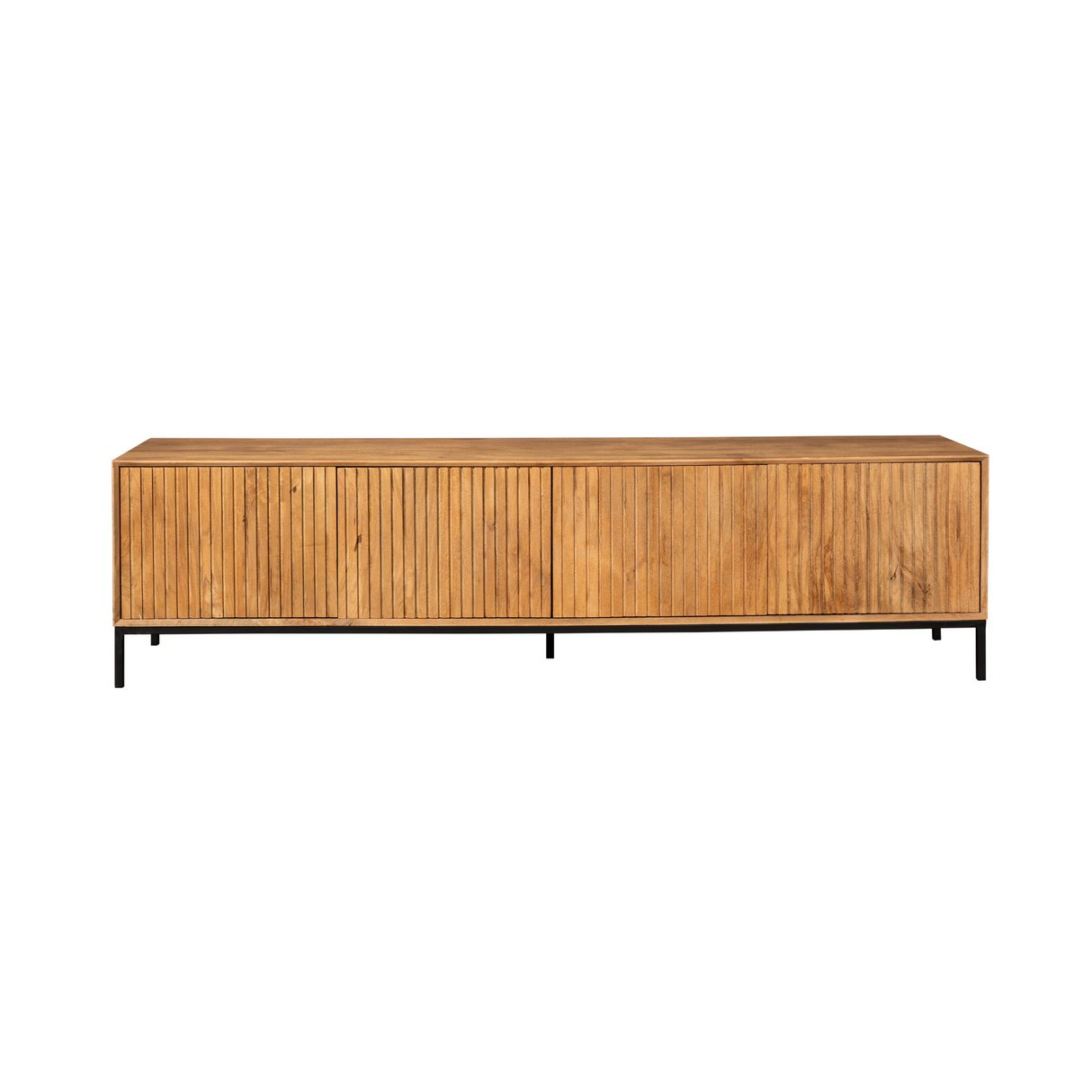 TV-Möbel - Naturfarbenes Mangoholz, Vertikale Lamellenfront, Grifflose Türen, 210 cm – Madison | Starfurn