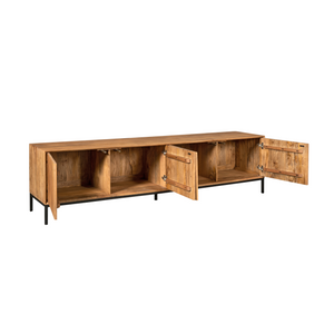 TV-Möbel - Naturfarbenes Mangoholz, Vertikale Lamellenfront, Grifflose Türen, 210 cm – Madison | Starfurn