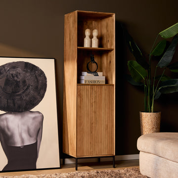Bücherregal - Natur Mangoholz, Vertikale Lamellenfront, Metallgestell, 55 cm – Madison | Starfurn