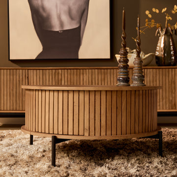 Couchtisch – Rundes Design, Mangoholz Tischplatte, Metallgestell – Madison | Starfurn