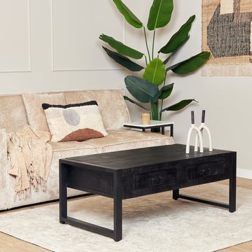 Couchtisch - Mangoholz Schwarz, Zwei Schubladen, Unterboden Ablage, 120 cm – Boaz | Starfurn