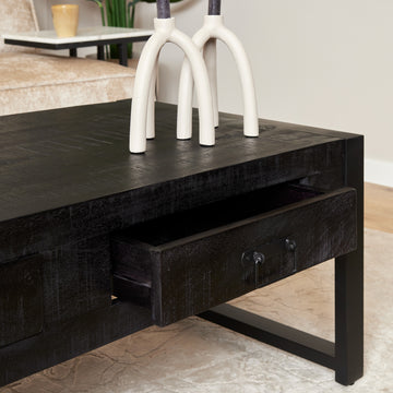 Couchtisch - Mangoholz Schwarz, Zwei Schubladen, Unterboden Ablage, 120 cm – Boaz | Starfurn