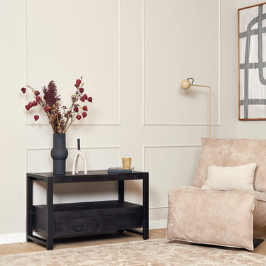 TV unit – Mango wood, Black Lacquered Details, Drawers & Open Compartment, Metal Frame & Handles – Boaz Black | Starfurn