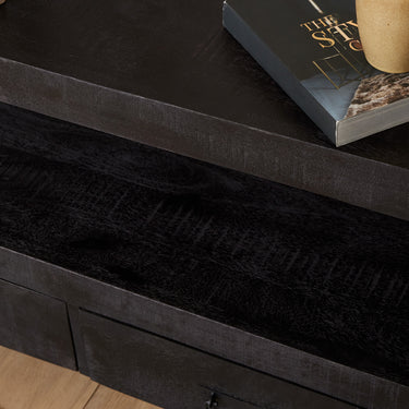 TV unit – Mango wood, Black Lacquered Details, Drawers & Open Compartment, Metal Frame & Handles – Boaz Black | Starfurn