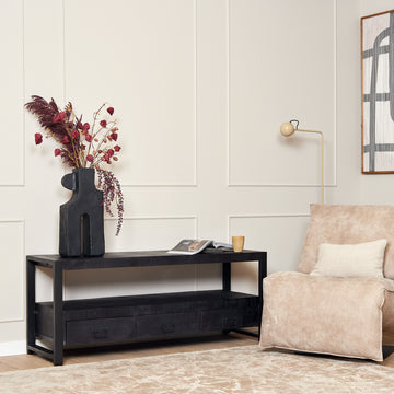 TV-Möbel - Mangoholz Schwarz, Drei Schubladen, Offenes Fach, 150 cm – Boaz | Starfurn