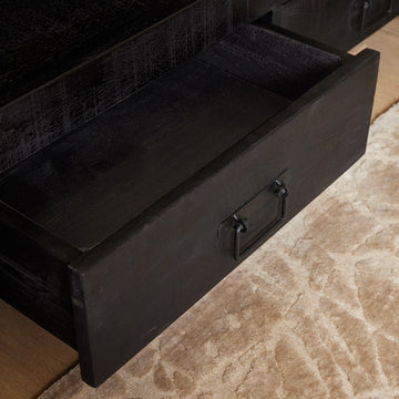 TV-Möbel - Mangoholz Schwarz, Drei Schubladen, Offenes Fach, 150 cm – Boaz | Starfurn