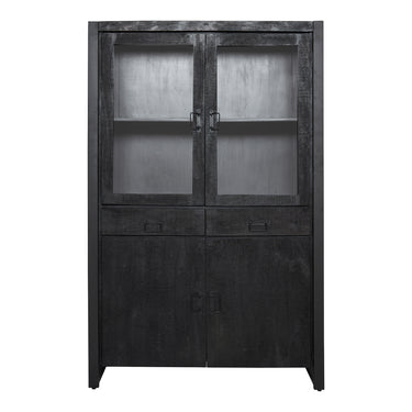 Display Cabinet – Black Mango Wood, Black Metal, Modern Wood Inlay – Boaz | Starfurn