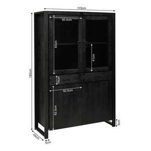 Display Cabinet – Black Mango Wood, Black Metal, Modern Wood Inlay – Boaz | Starfurn