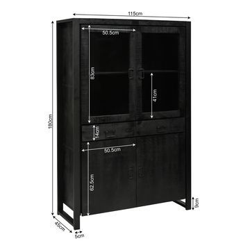 Vitrinenschrank - Mangoholz Schwarz, Glastüren, Schwarze Griffe, 115 cm – Boaz | Starfurn