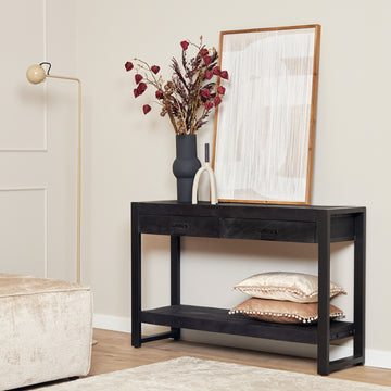 Beistelltisch - Mangoholz Schwarz, Zwei Schubladen, Schwarzes Gestell, 120 cm – Boaz | Starfurn
