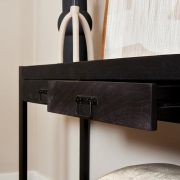 Beistelltisch - Mangoholz Schwarz, Zwei Schubladen, Schwarzes Gestell, 120 cm – Boaz | Starfurn