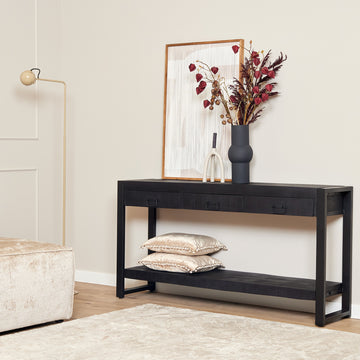 Beistelltisch - Mangoholz Schwarz, Drei Schubladen, Schwarzes Gestell, 150 cm – Boaz | Starfurn