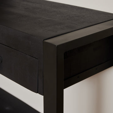 Beistelltisch - Mangoholz Schwarz, Drei Schubladen, Schwarzes Gestell, 150 cm – Boaz | Starfurn