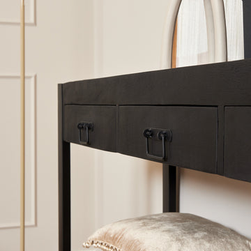 Beistelltisch - Mangoholz Schwarz, Drei Schubladen, Schwarzes Gestell, 150 cm – Boaz | Starfurn