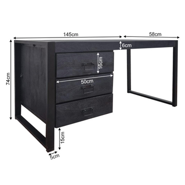 Schreibtisch - Mangoholz Schwarz, Drei Schubladen, Metallgestell, 145 cm – Boaz | Starfurn