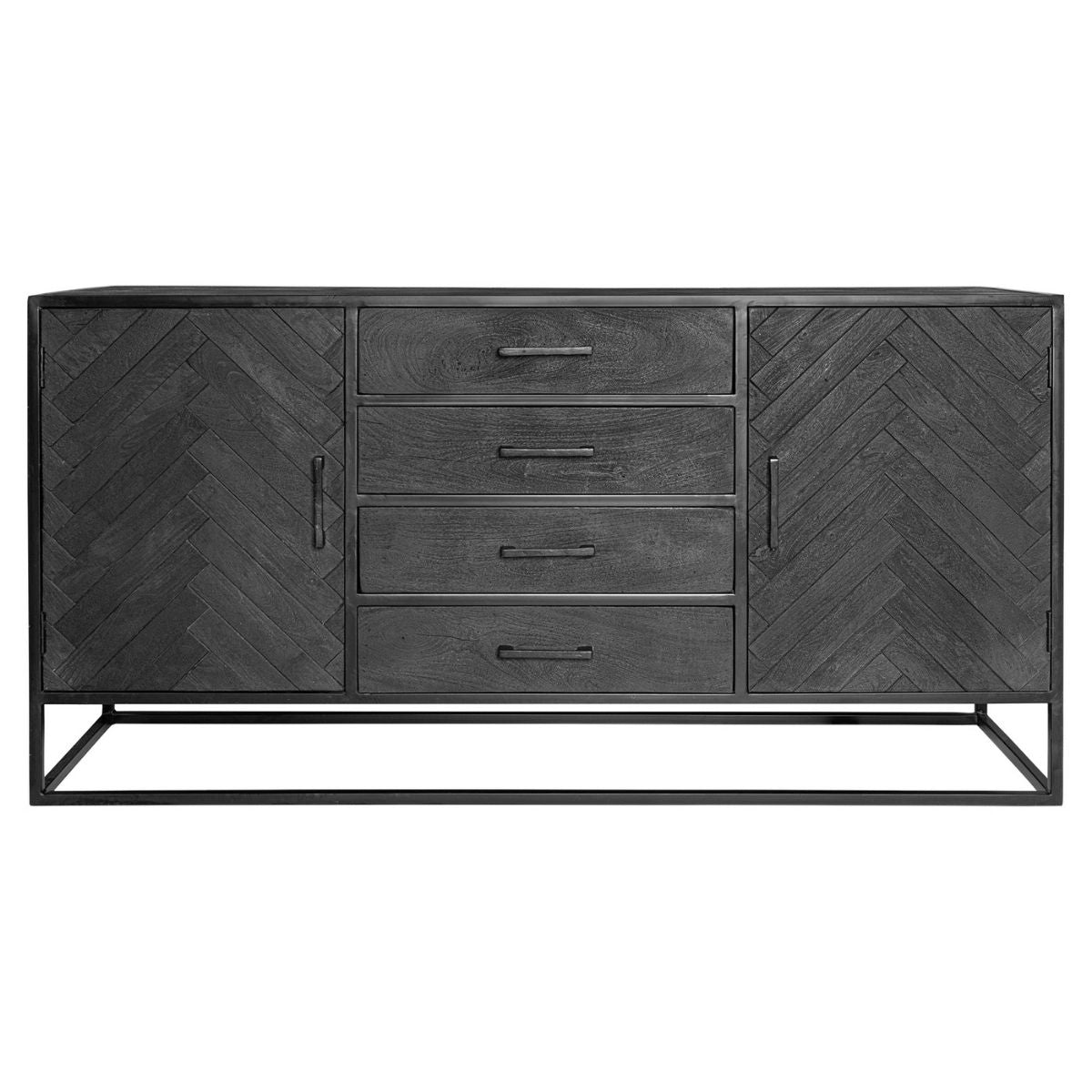Sideboard - Mangoholz Schwarz, Fischgrätmuster, Vier Schubladen, 165 cm – New York | Starfurn